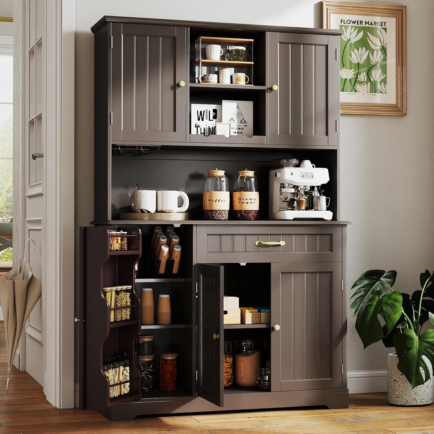 67" Kitchen Hutch Cabinet with 5 Doors and 14 Shelves, Noelse Large Wooden Kitchen Pantry Storage Cabinet with Drawer, Tall Coffee Bar for Dining Room, Dark Brown
