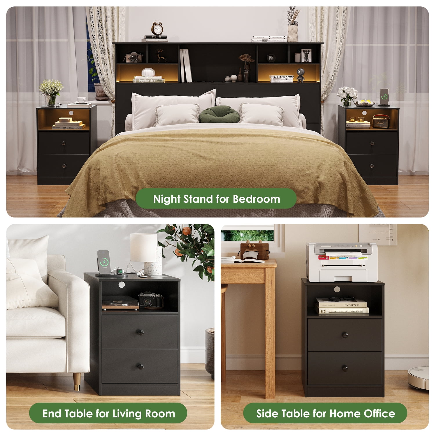 Someet LED Nightstand with Charging Station and 2 USB Ports, End Tables with 2 Storage Drawers for Bedroom Living Room, Black