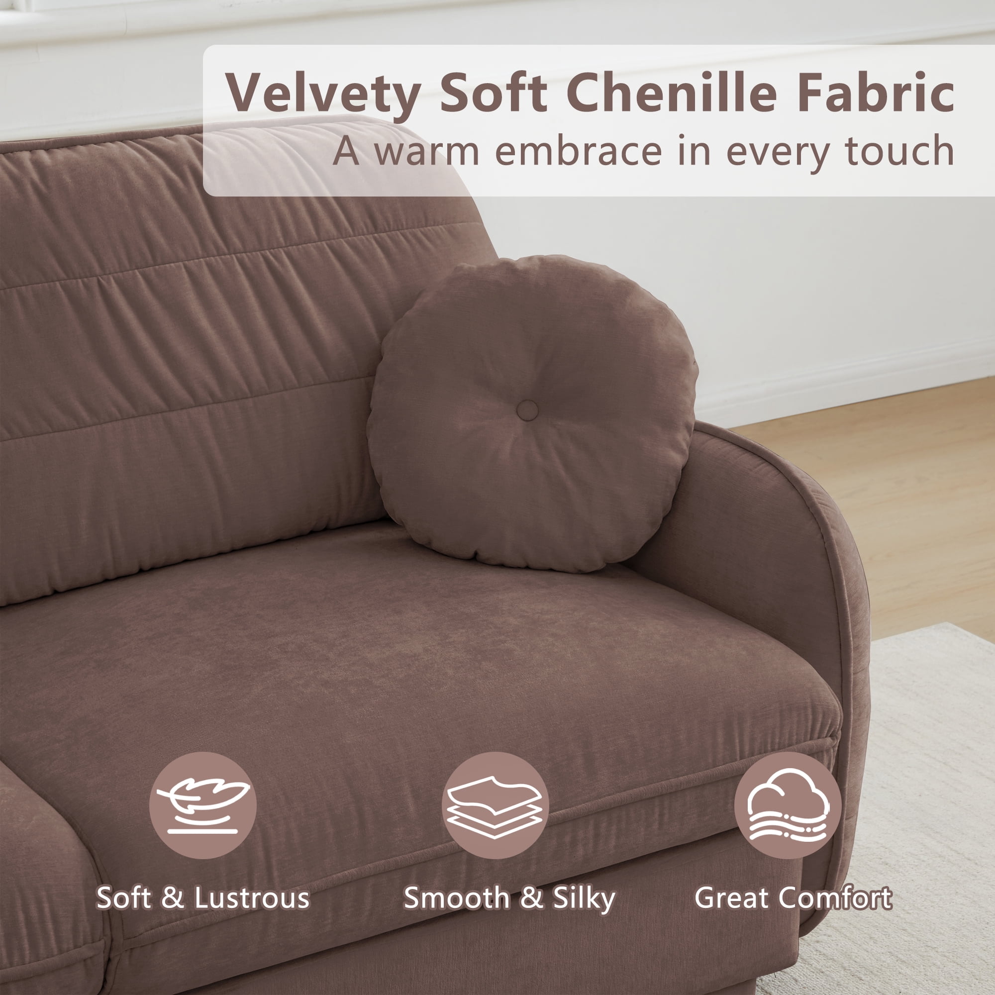 Mintazer 105" Chenille Cloud 3-Seater Modular Sectional Sofa with Movable Ottoman & Round Pillows, L-Shaped Ergonomic Sofa Couch for Living Room, Apartment, Rose Dust
