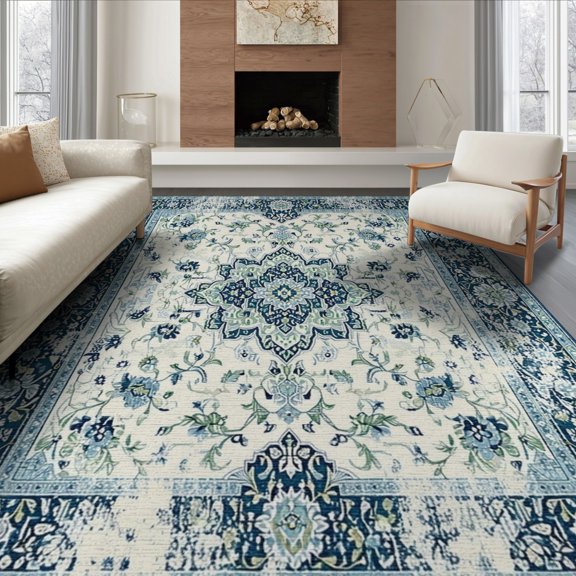 ODIKA 8'x10' Washable Area Rug Durable, Non-Slip Entryway Vintage Scrolling Botanical Border Decorative Door Orientalisch for Living Room, Under Sectional, Family