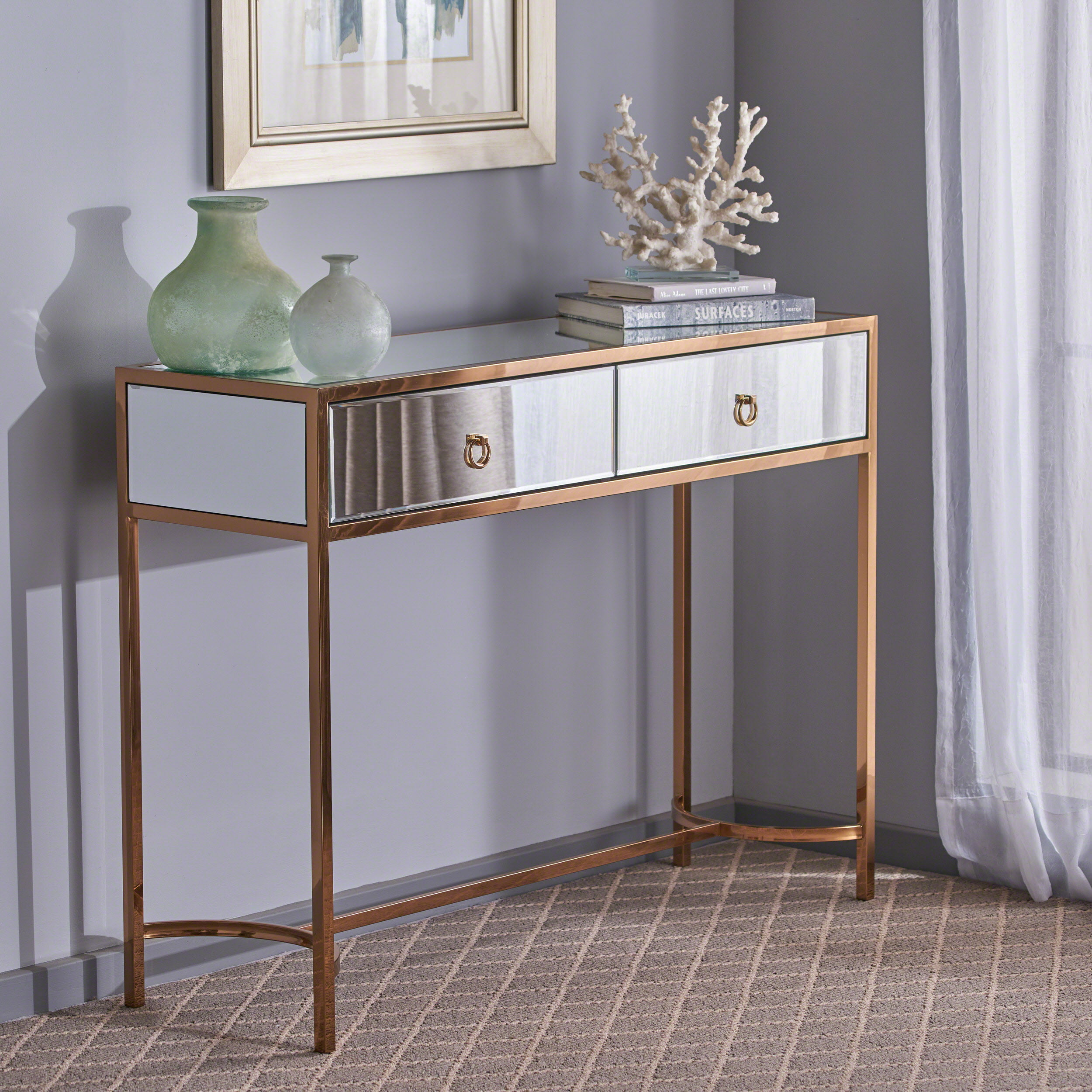 Noble House Modern Two Drawer Mirrored Console Table with Finished