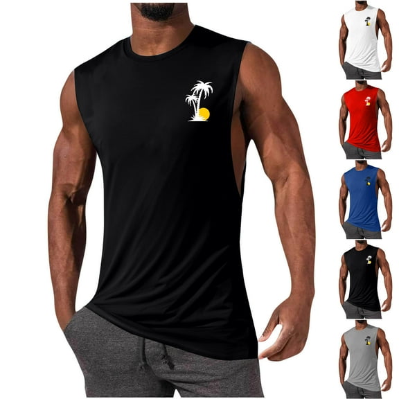 FRSASU Mens Cotton Sleeveless Tank Tops Cut off Muscle Gym Tropical Graphics T Shirts Running Beach Loose Fit Tees White