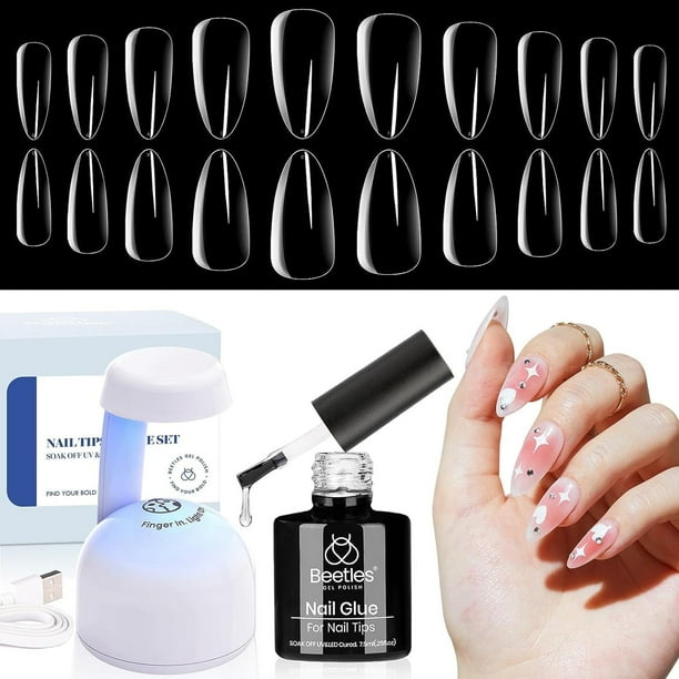 Kit de extensiones de gel para uñas con forma de escarabajos, 500 puntas y lámpara