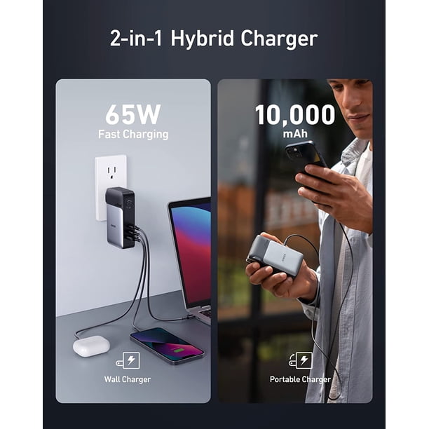Anker 2-in-1 Portable Charger,10000mAh Power Bank with 65W Wall Charger, 2  USBC+USB-A GaNPrime Charging for iPhone 13, Samsung,MacBook, Dell - Walmart  Business Supplies