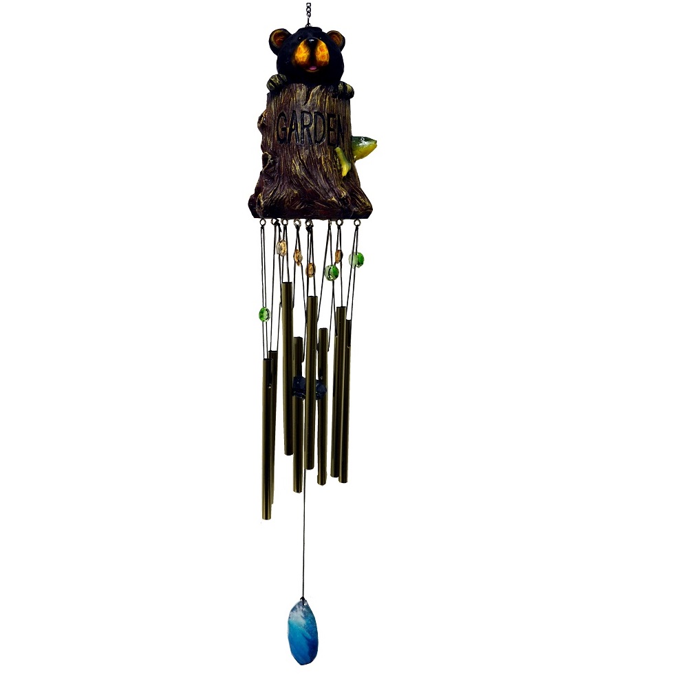 Black Bear Inside Tree Stump Wind Chime Outdoor Garden Windchimes 24 Inch New