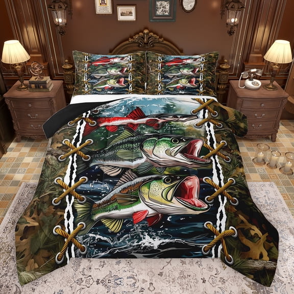 jejeloiu Big Bass Fish Bedding Comforter Set,Rustic Farmhouse Hunting Twin Comforter Sets,Brown Fall Leaves Bedding Set For Men Women,Ultra Soft Home Decor Reversible,2pcs