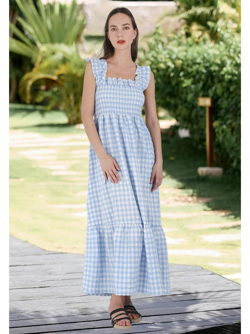 Chouyatou Women's Sky Blue Plaid Smocked Dress, Spaghetti Strap, Flounce Hem, XXL