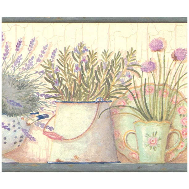 Wallpaper Border Lillies Lavender in Pots Distressed Off White Wall