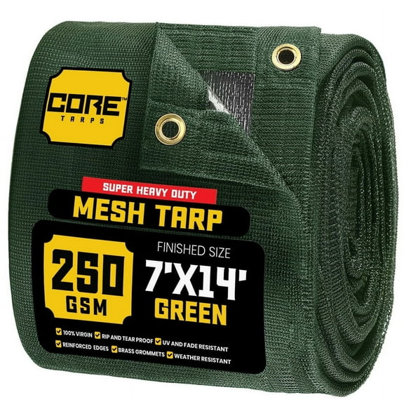 Core Tarps 60% Green Shade Cloth with Grommets - 7 X 14 FT Heavy Duty Mesh Tarp - Sun Shade Cloth for Garden Vegetables Plants Greenhouse Outdoors Backyard Fences Dump Trucks Patio Mesh Shade Tarp