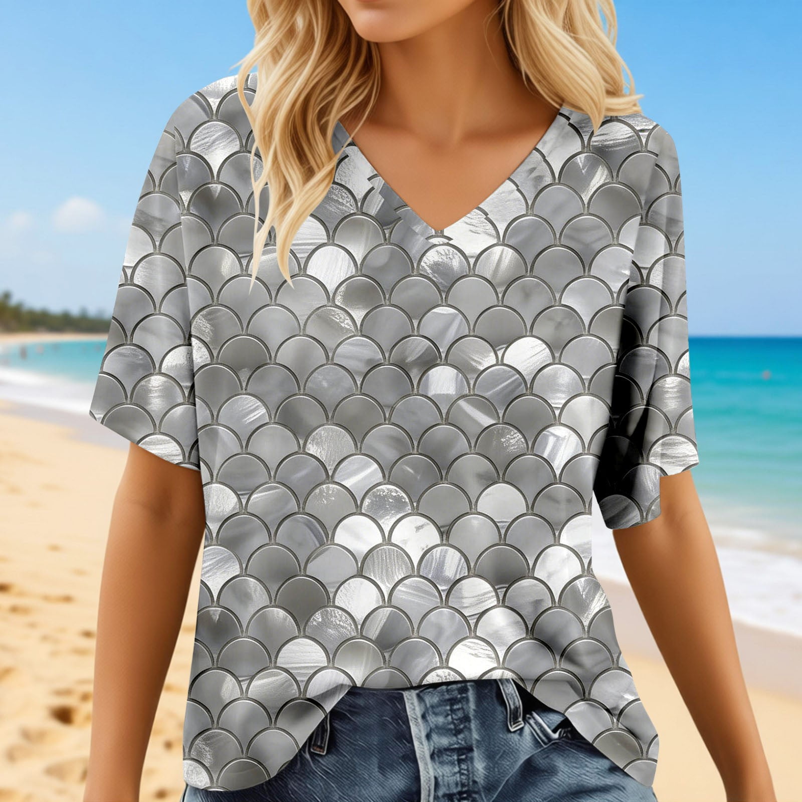 Graphic Tees for Women Casual Short Sleeve T Shirt With Scale Print V Neck Blouse Top For Daily Wear And Outings Womens T-Shirts Silver XL