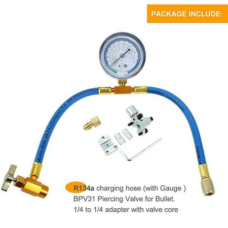 

Cumbed R134A AC Recharge Hose w/ Gauge BPV31 Bullet Piercing Tap Valve Core Adapter Kit