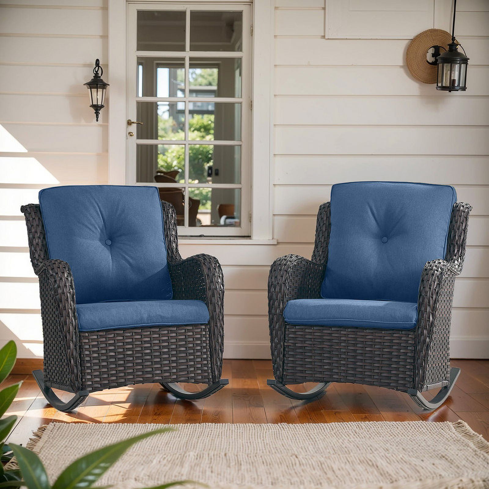 PARKWELL Outdoor Wicker Rocking Chair - Rattan Patio Rocker Chairs with Cushions and Steel Frame - Set of 2 - Blue