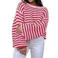thumbnail image 2 of Women'S Vintage Striped Sweater Crew Neck Long Sleeve Cropped Color Block Casual Loose Knit Pullover Top Red S, 2 of 7
