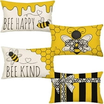 Bee Happy Bee Kind Throw Lumbar Pillow Covers 12 x 20 Inch Set of 4 Yellow Honey and Bee Decorative Cushion Case Spring Summer Outdoor Decoration for Sofa Couch