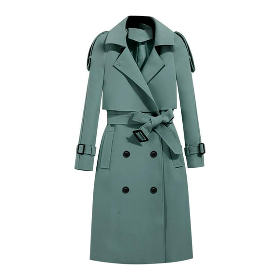 HTNBO Women's Trench Coat Double-Breasted Classic Lapel Overcoat Belted Slim Outerwear Coat with Detachable Hood
