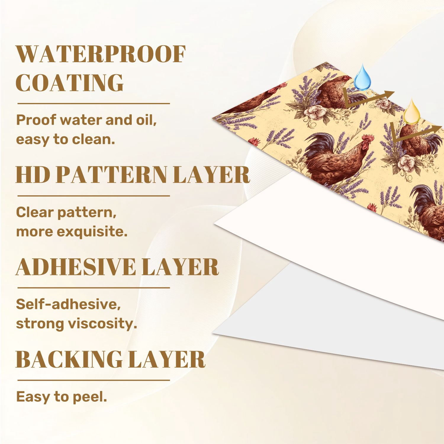 Peel and Stick Wallpaper 17.7in x 9.8ft Rustic Farmhouse Rooster Floral Seamless Warm Vintage Tones Contact Paper Vinyl Waterproof Self Adhesive Wall Paper for Bedroom Shelf Cabinet Renter Friendly