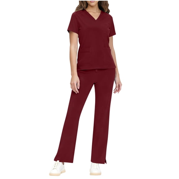 JSKUMAR Stretch Scrub Set for Women V-Neck Short Sleeve Tops Drawstring Cargo Pants Moisture Wicking Medical Uniform (Wine-1,XL)
