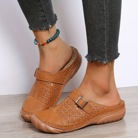 

SHYPM with Buckle Strap Women s Perforated Flat Mules - Comfortable Closed Toe Slip On Sandals-40