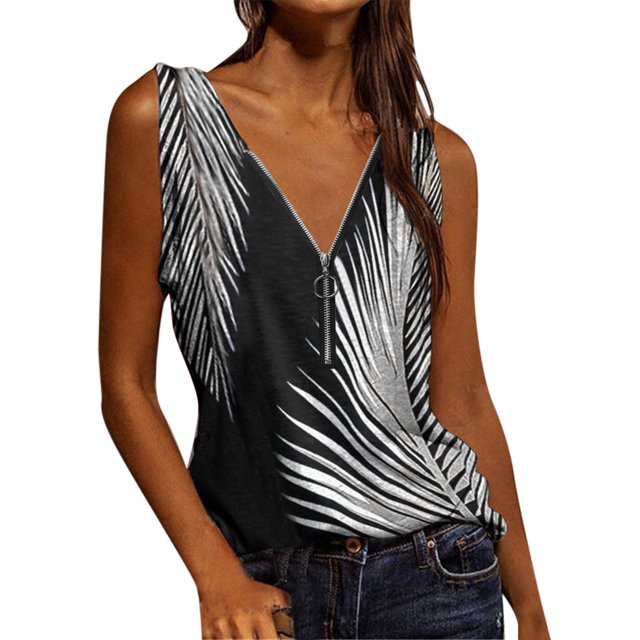Gibobby Camiseta sin mangas con estampado floral y cuello en V para mujer, camiseta sin mangas con cremallera, chaleco informal, blusa(Negro,CH)