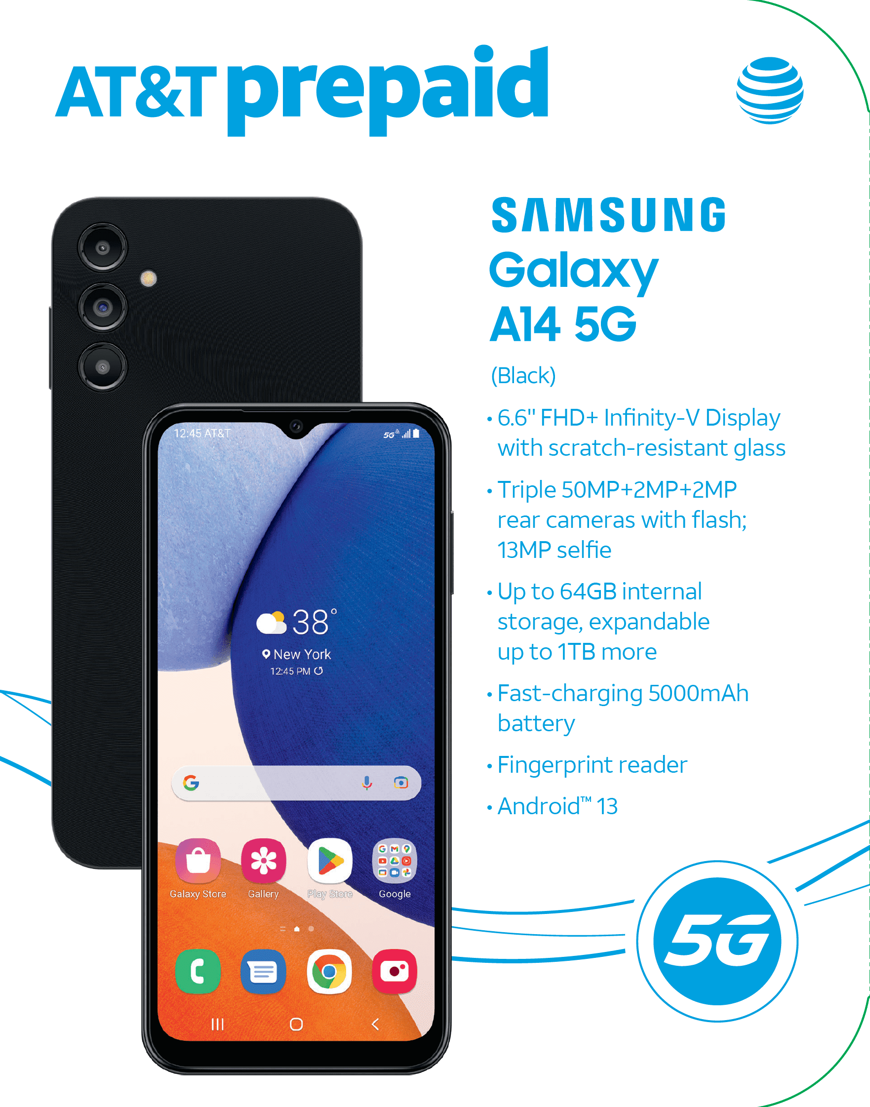 Pre-Owned AT&T Samsung Galaxy A14 5G, 64GB Black - Prepaid Smartphone