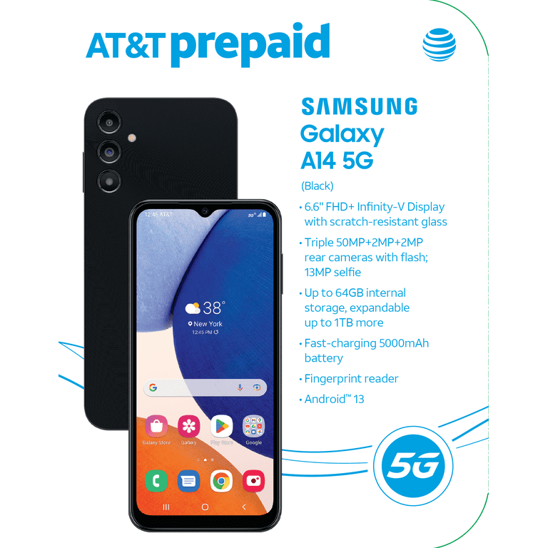 AT&T Samsung Galaxy A14 5G, 64GB Black - New Prepaid Smartphone -  Walmart.com