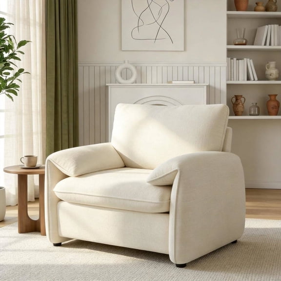 Oversized 37" Chenille Armchair for Living Room, Beige — Upholstered Reading Chair, Chair and a Half, Modern Single Sofa for Bedroom or Nook