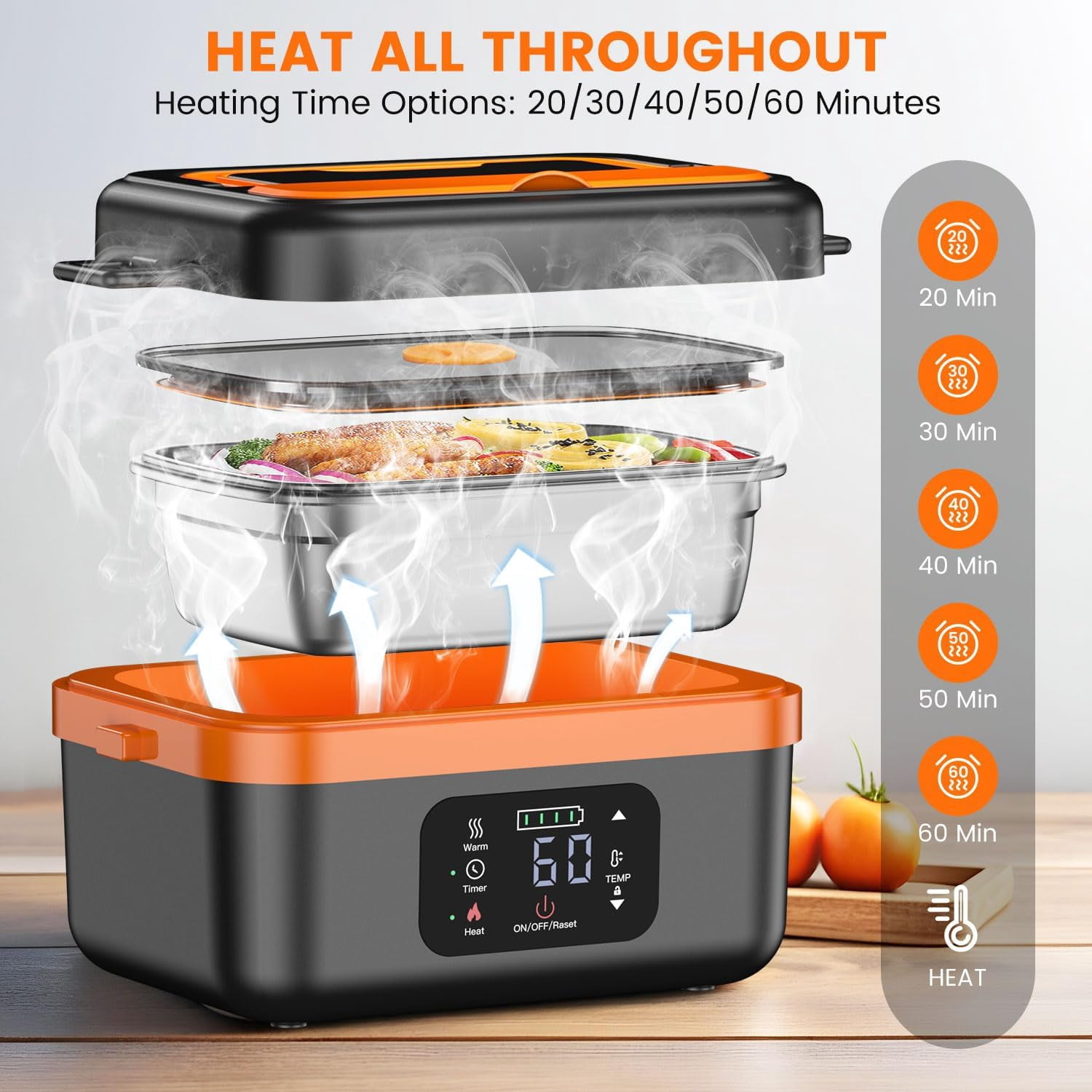 Cordless Electric Lunch Box for Adults, Rechargeable Self-Heating Lunch Box Food Warmer with Timer&Adjustable Heating,34oz/1L Stainless Container with Insulated Bag for Office,Picnic,Car&Outdoor Use