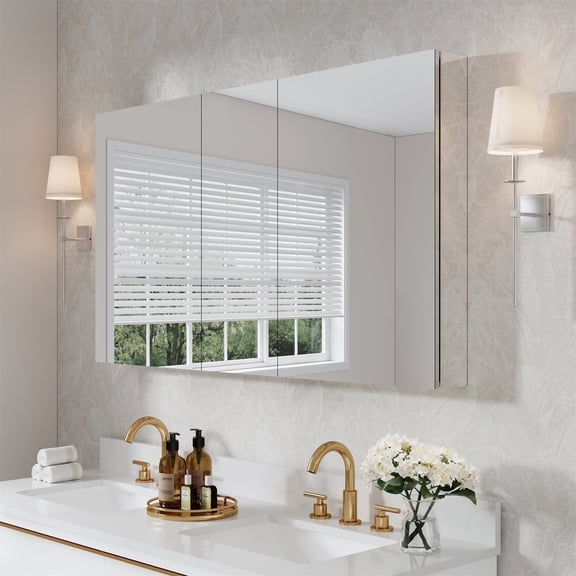 ANGELES HOME 52" x 30" Medicine Cabinet with Mirror Door & 6 Adjustable Glass Shelves, Rectangular Bathroom Mirror Cabinet with Aluminum Body, Recessed or Surface Mount Mirror Medicine Cabinet