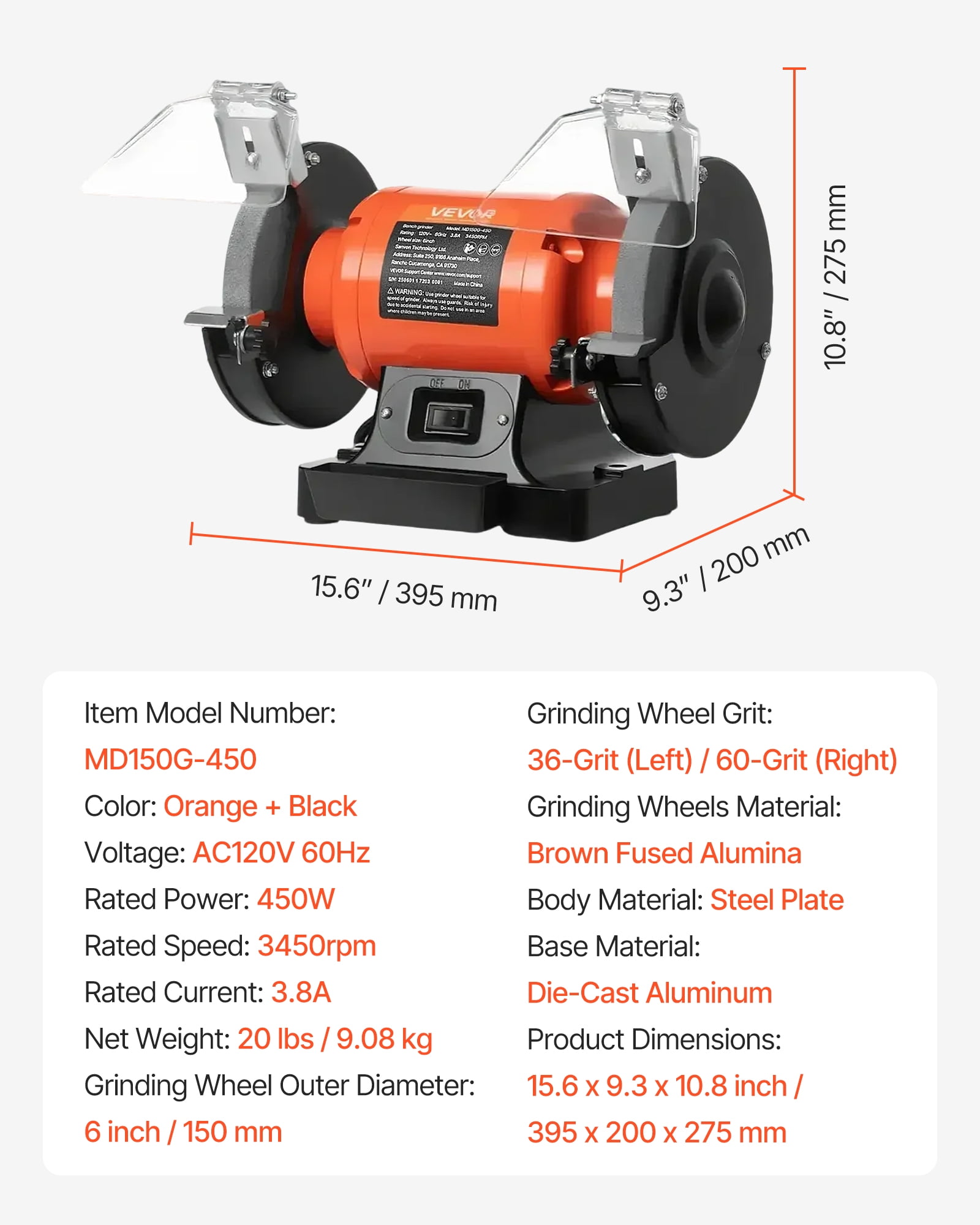 VEVOR Bench Grinder,6-inch Single Speed Bench Grinder,3450RPM High-Speed Table Grinders with 450W 3.8A Induction Motor, 36/60-Grit Grinding Wheel & Adjustable Eye Shield for Fast Sharpening Grinding