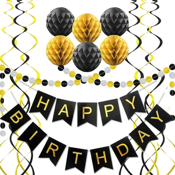 WarmHaven Black Birthday Decorations, Black and Gold Happy Birthday Banner, Happy Birthday Decorations for Men, Women, Boys and Girls