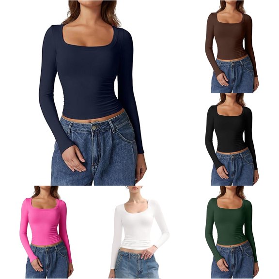 Luvior Long Sleeve Shirt for Women - Square Neck Going Out Top Double Lined Tight T Shirts