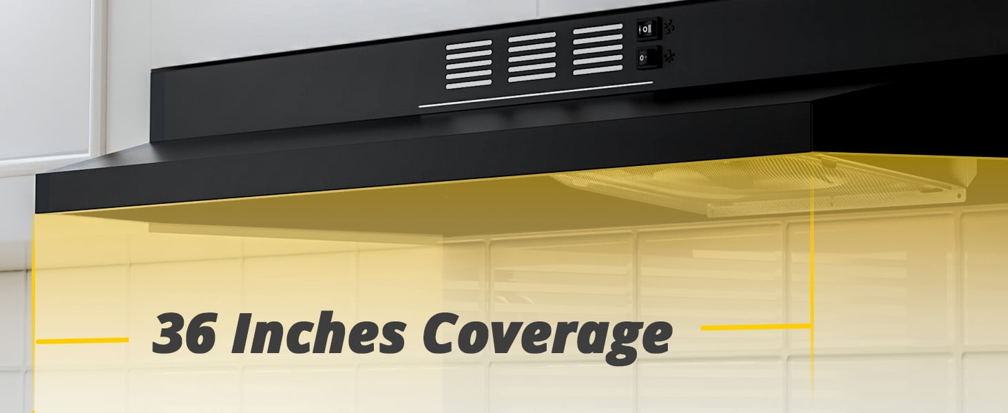 FIREGAS Black Range Hood 36 inch Under Cabinet Range Hood with 2 Speed Exhaust Fan,Ducted/Ductless Convertible,Rocker Button Control,300 CFM,Aluminum Filter