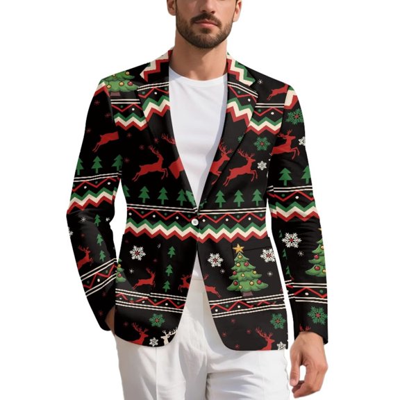 POLERO Christmas Stripe Print Sport Coat for Men Casual Suit Blazer Jacket One Button Lightweight for Casual Business,Reindeer Snowflake
