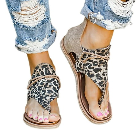 Kitem 1 Pair Back Zipper Flats Heel Open Toe Beach Sandals Leopard Patchwork Clip-Toe Women Shoes Walking Shoes