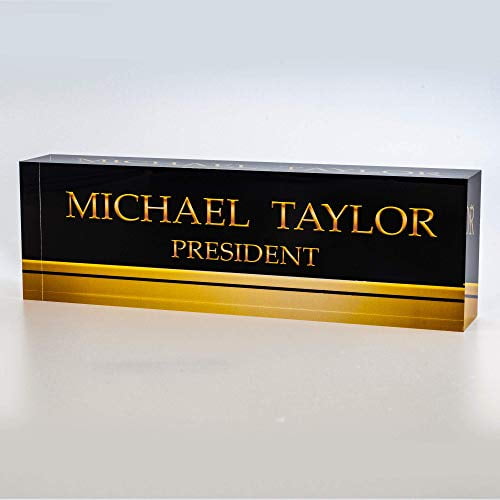 Artblox Plaque de Nom de Bureau Personnalisée Plaques de Nom Personnalisées pour Bureaux sur Décor en Verre Acrylique Plaque de Nom de Bureau Accessoires de Bureau Rayure Noir Or - (8"x2.5 Pouces)