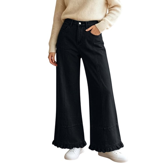 Axiiglly Wide Leg Jeans for Women Trendy Ruffled Hem Button Zipper High Waisted Straight Leg Baggy Jeans Casual Loose Denim Pants with Pockets S-3XL