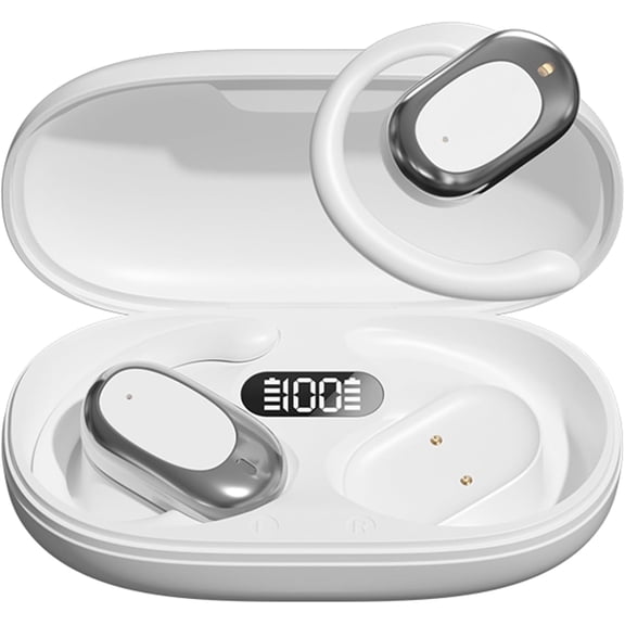 Open-Ear Headphones, Wireless Earbuds Adjustable Ear Hooks, Ultra-Comfort, Snug Fit, Powerful Sound, Clear Calls,LED Lights, 36H Playtime, Bluetooth 5.4for Running,Sports,Workout -White M57