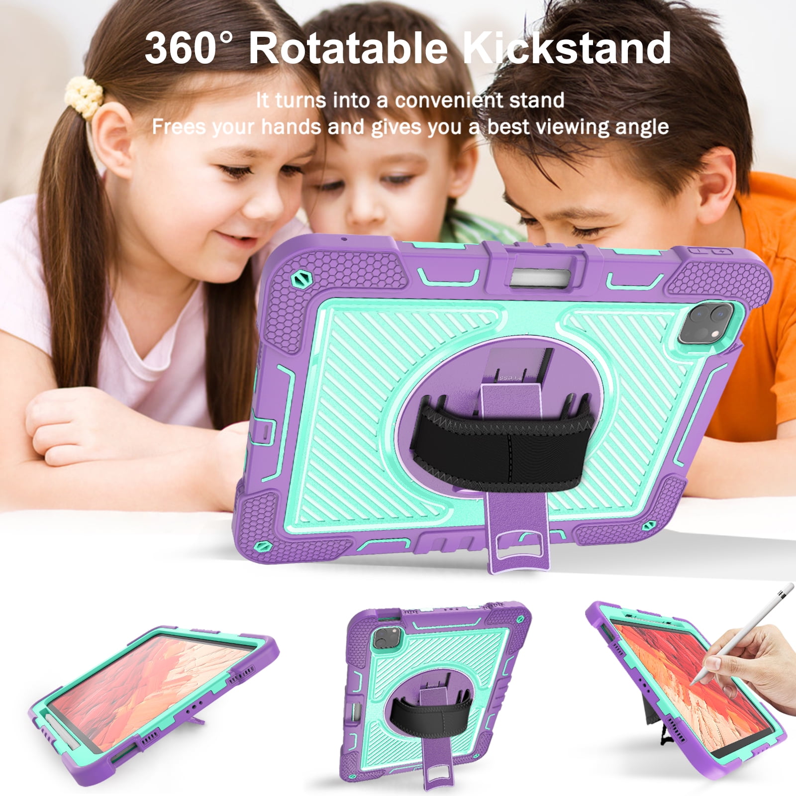 ELEHOLD 3-Layer Shockproof Case For iPad 8th/7th Generation, Rugged Cover with 360° Rotating Kickstand, Wrist Strap, Detachable Shoulder Strap, Pencil Holder, Purple+Mint