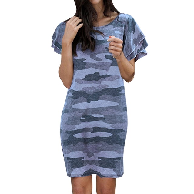 Vestidos Para Mujer Vestidos Casuales de Moda Cuello Redondo Manga Corta Vestido Estampado de Camuflaje Odeerbi ODB166082