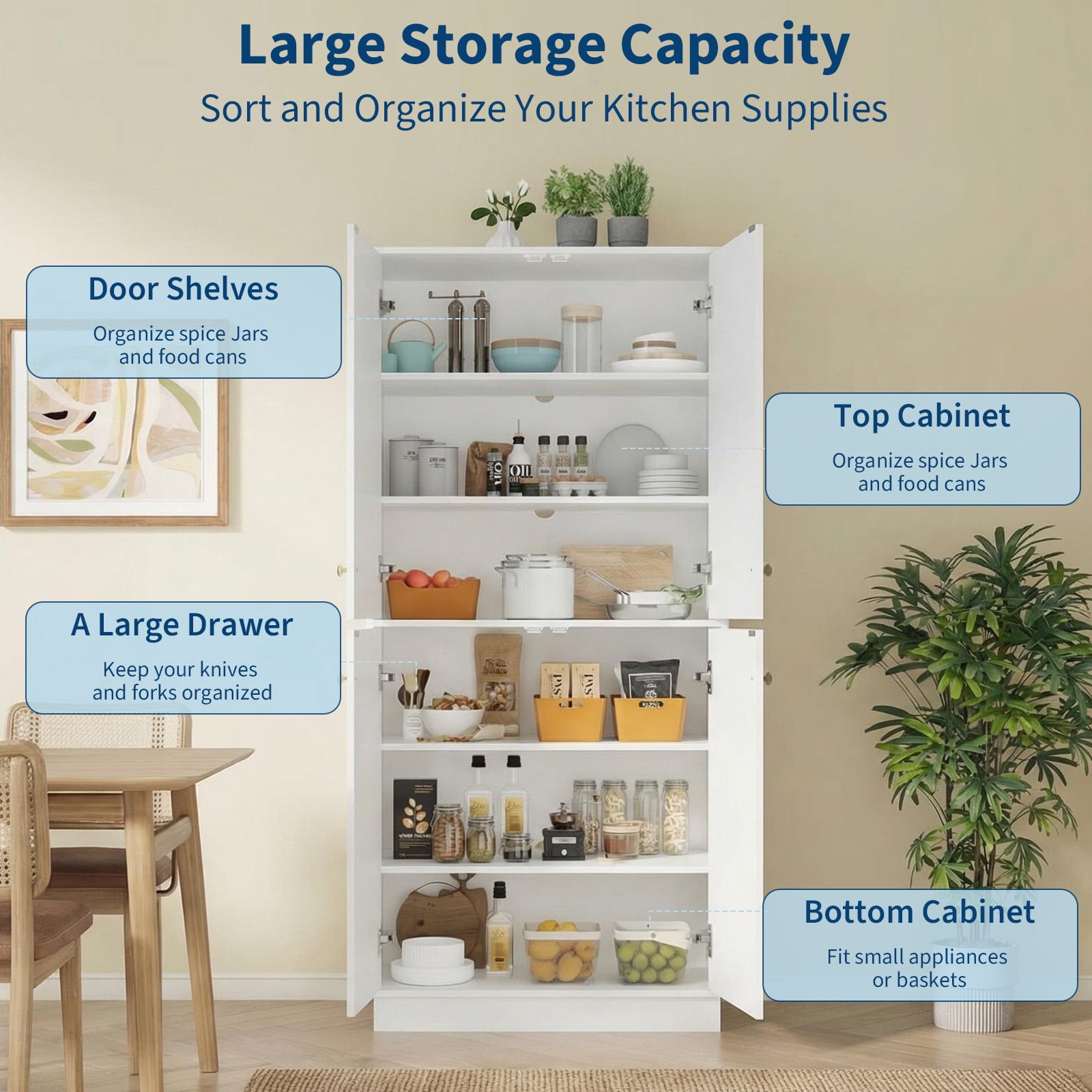 Garvee 67.3" Tall Pantry Cabinet, 4-Door Kitchen Food Storage Cabinet with Adjustable Shelves, Freestanding Pantry Cupboard Organizer for Dining Room, Living Room, Utility Room, Black
