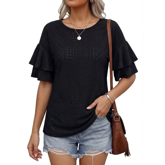 MOYIKO Women Casual Ruffle Half Sleeve Summer tops Crewneck Eyelet Shirts Flowy Dressy Tunic Blouses
