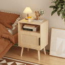 Oak Finish Rattan Nightstand with Solid Wood Legs - Modern Side Table with Door & Shelf, 22.83” H for Bedroom, Living Room, Dorm & Small Spaces