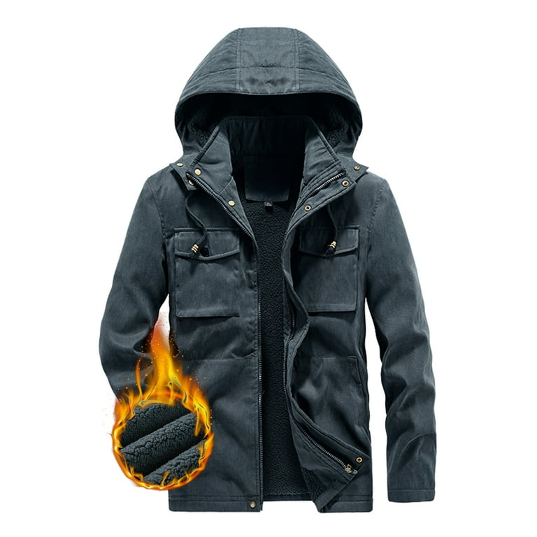 Mens Heavy Winter Coat Male Casual Plush Solid Outdoor Cargo Jackets Hooded Long Sleeve Multi Pocket Coat Anorak No 8 Insulated Jacket Long Jacket