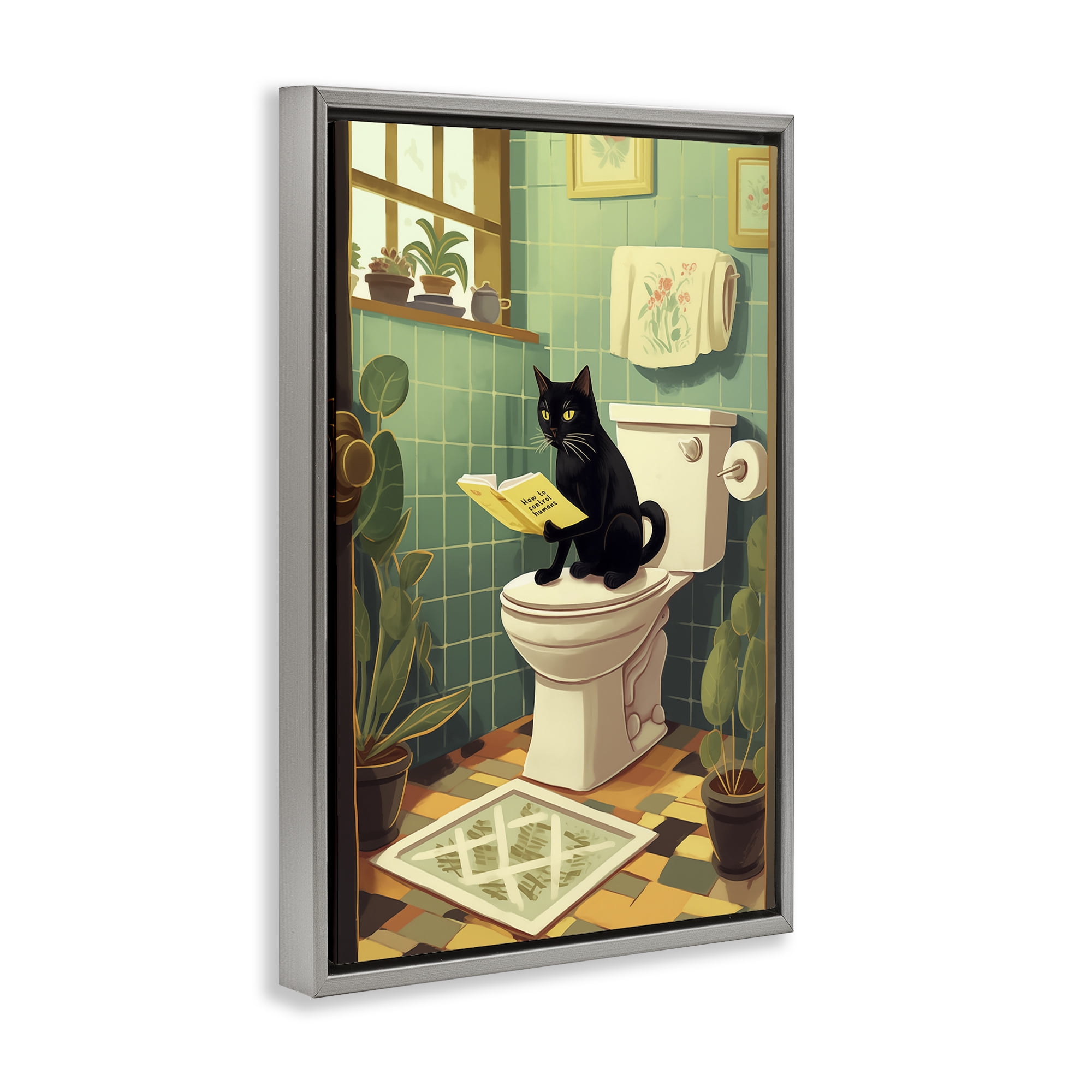 Cat Reading On Toilet Gray Framed Floater Canvas Wall Art, design by Andreas Magnusson