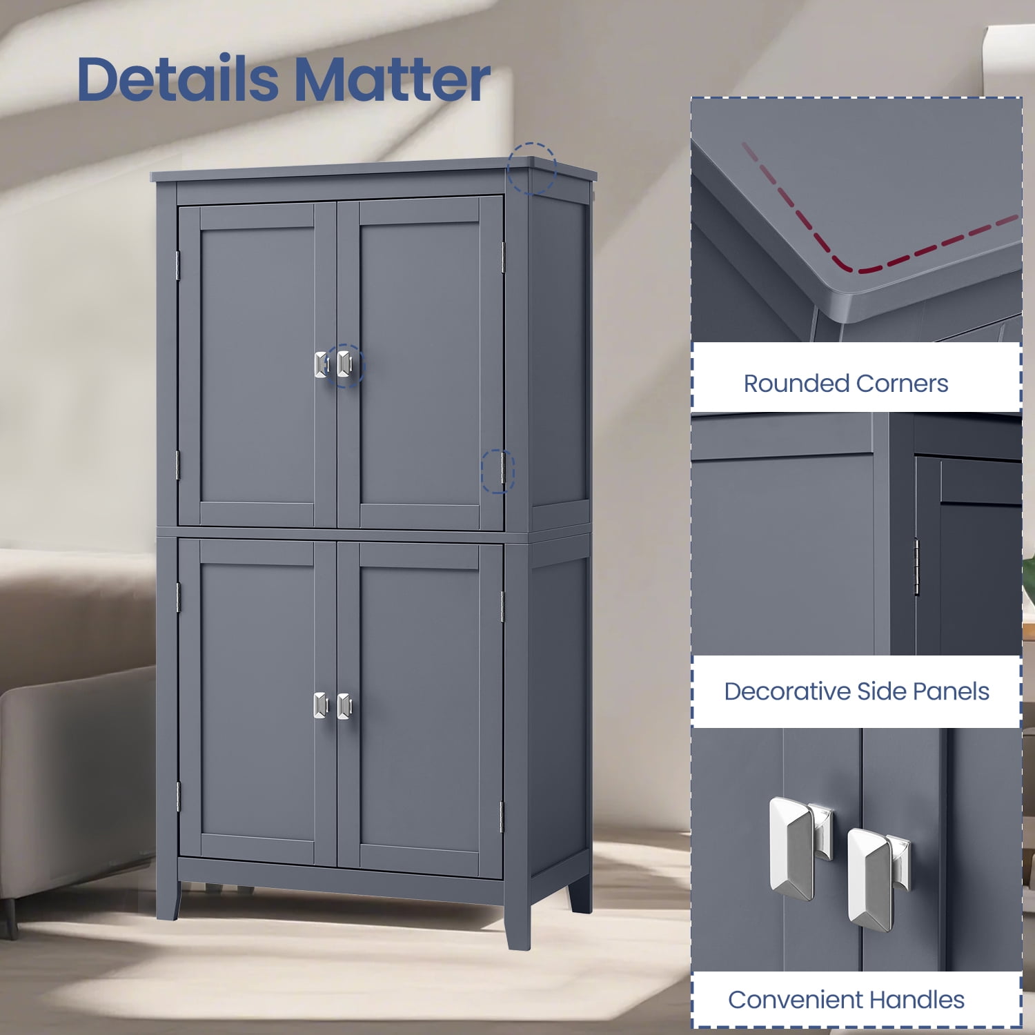 LEDREM Bathroom Storage Floor Cabinet Organizer with 4 Doors & Adjustable Shelves, 43" Wooden Pantry Cabinet Freestanding for Kitchen Living Room Small Spaces, Slate Gray
