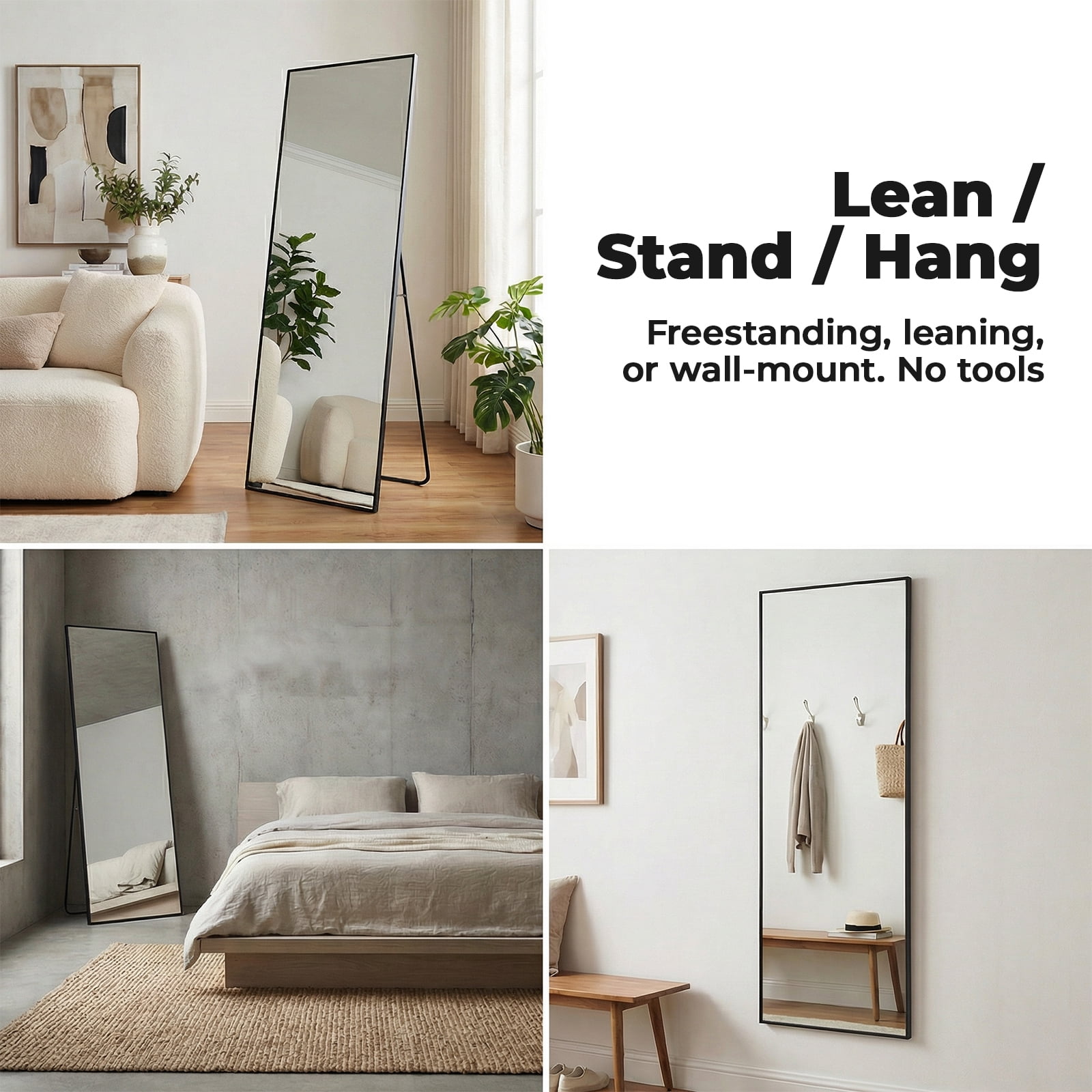 Full Length Mirror 59"/64"/71" - Floor Standing & Wall Mirror with Aluminum Alloy Thin Frame, Full Body Mirror for Bedroom, Gym, Dressing Room,Anti-Rust Nano Glass - Black/Gold - Arch/Rectangle