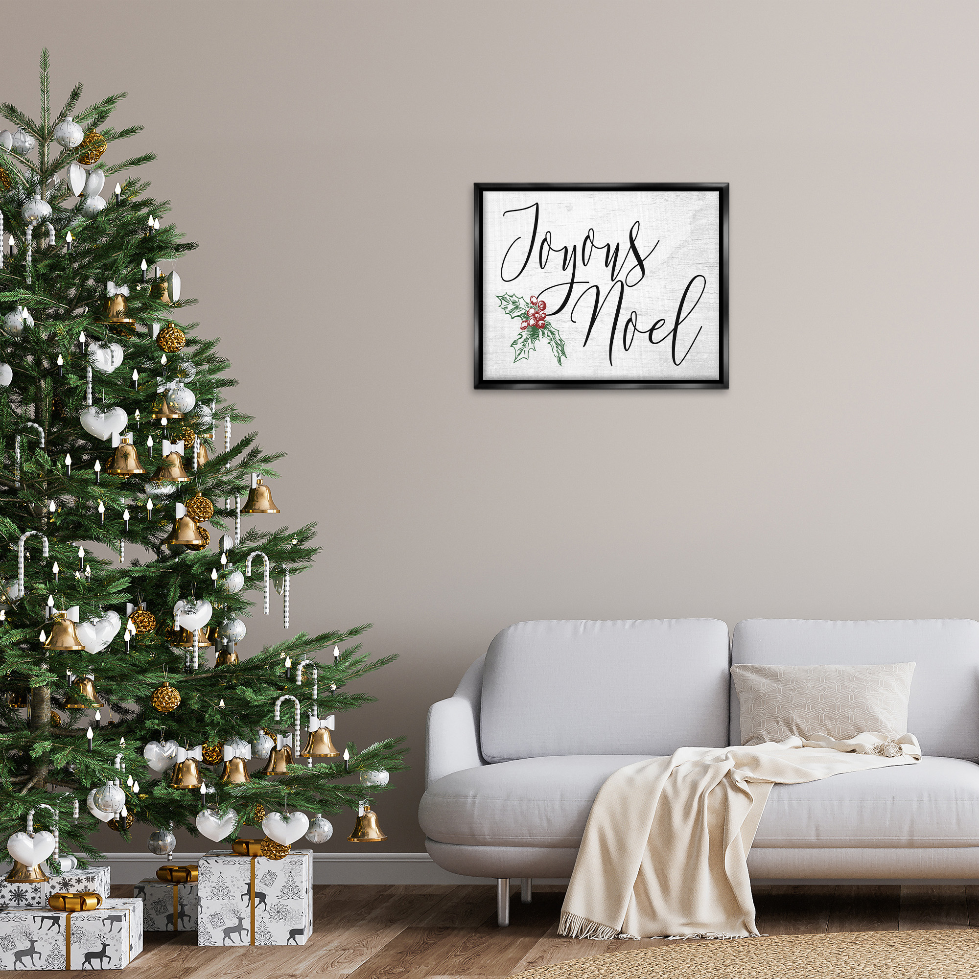 Stupell Industries Joyous Noel Christmas Botanicals Holiday Painting Black Floater Framed Canvas Art Print Wall Art, 31 x 25