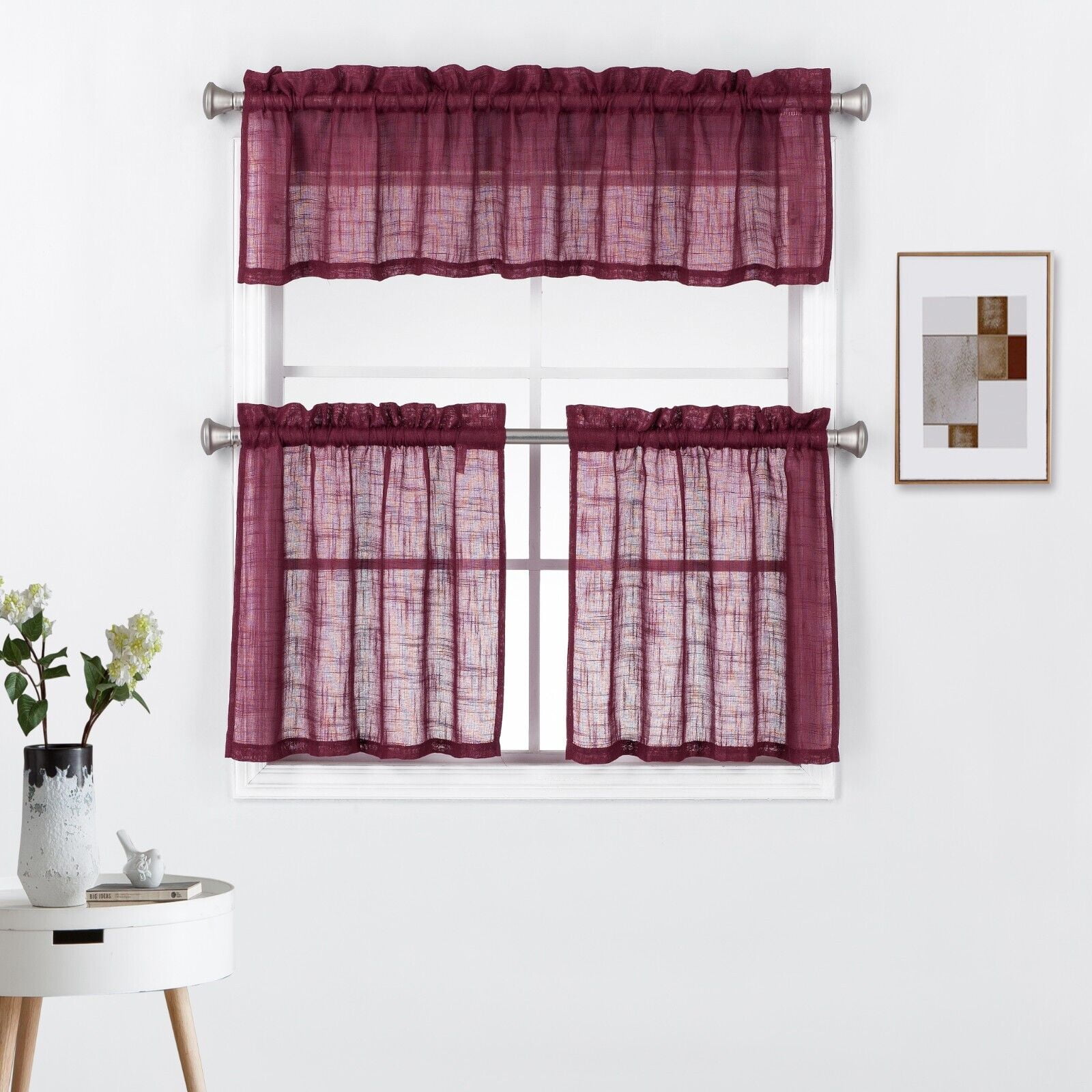 3 Piece Rod Pocket Linen Semi Sheer Kitchen Window Curtain Tiers and Valance Set