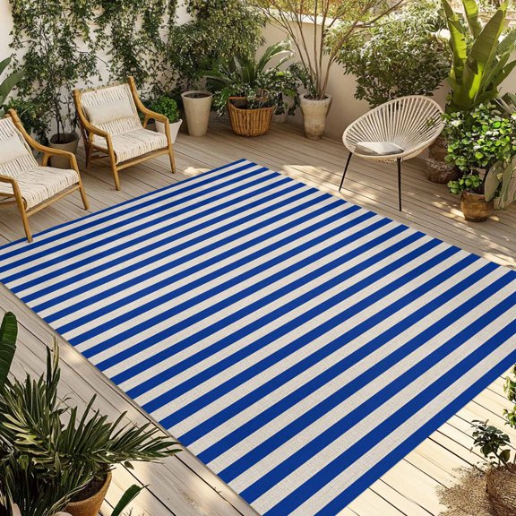 Blue Striped Outdoor Area Rug 4x6ft Decorative Indoor Outdoor Rug Geometric Lines Patio Area Rug for Porch, Deck, Balcony, Entryway, Camping & RV