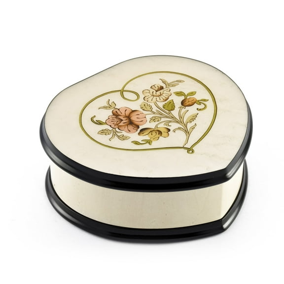 Ivory Stain Heart Shaped 30 Note Music Box with Floral Centered in Heart Outline Inlay - Four Little Swans, The